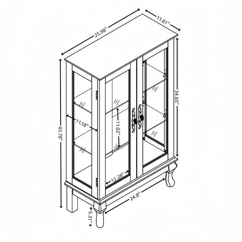 2 Doors Curio Cabinet With Tempered Glass Doors Curio Cabinets With Mirrored Back Panel And Adjustable Shelves Lighted Display Cabinet For Home